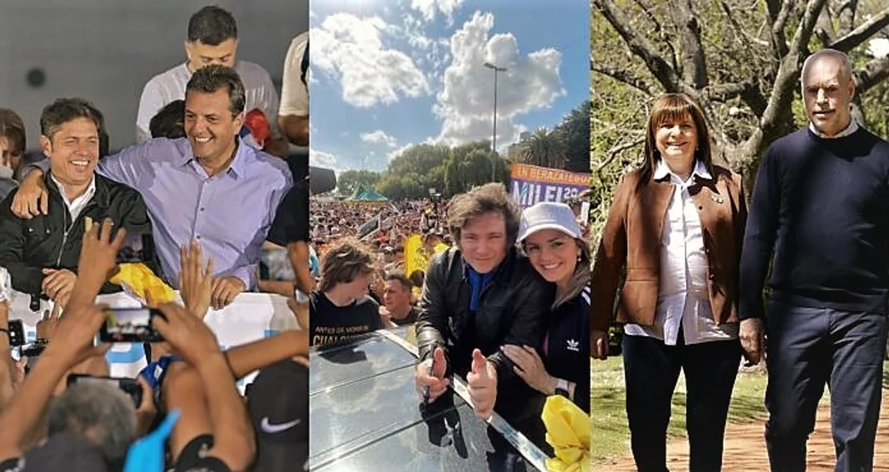 Los tres candidatos presidenciales: Sergio Massa, Javier Milei y Patricia Bullrich