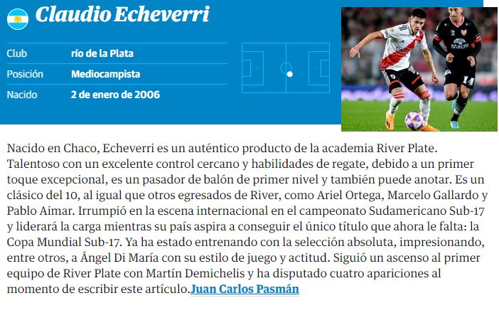 El diario The Guardian destacó al Diablito Echeverri en una prestigiosa lista que lo coloca entre los mejores del mundo