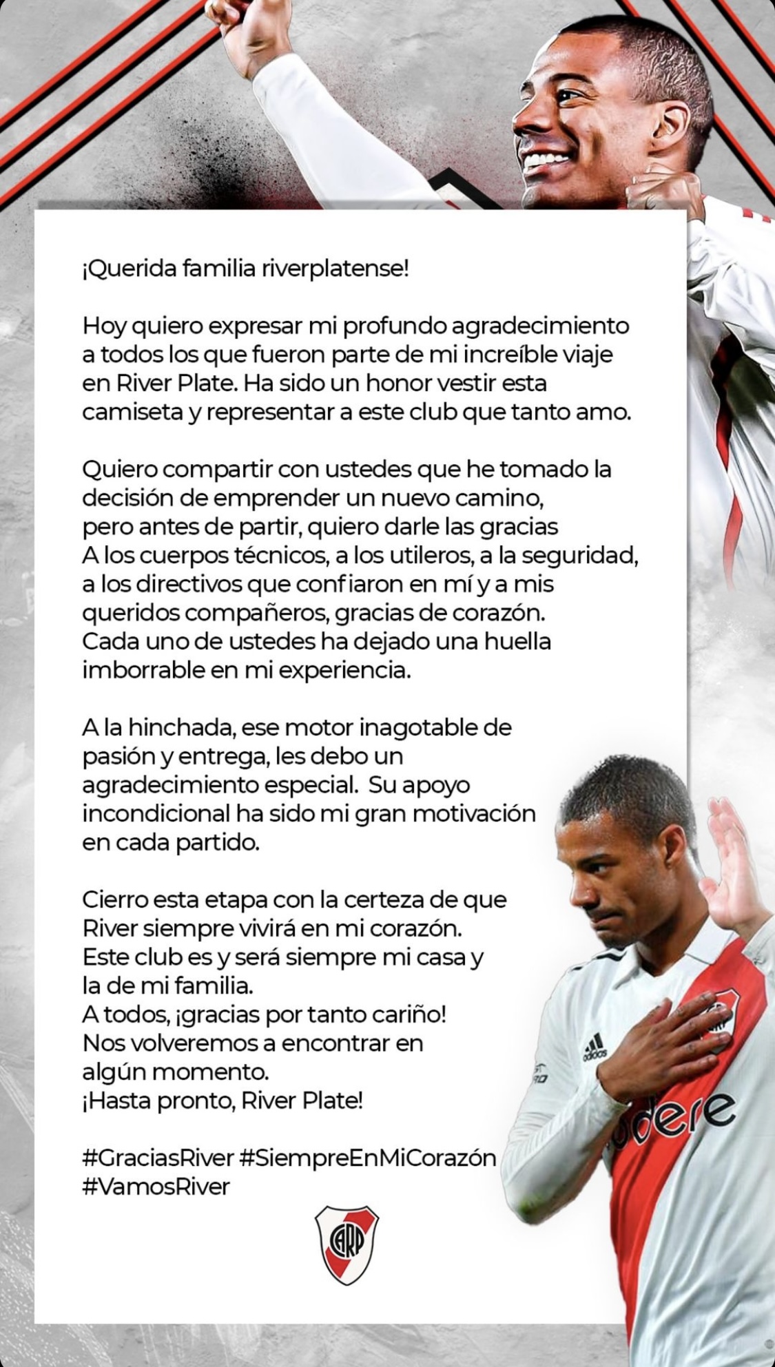 La emotiva carta que De la Cruz le dedicó a River