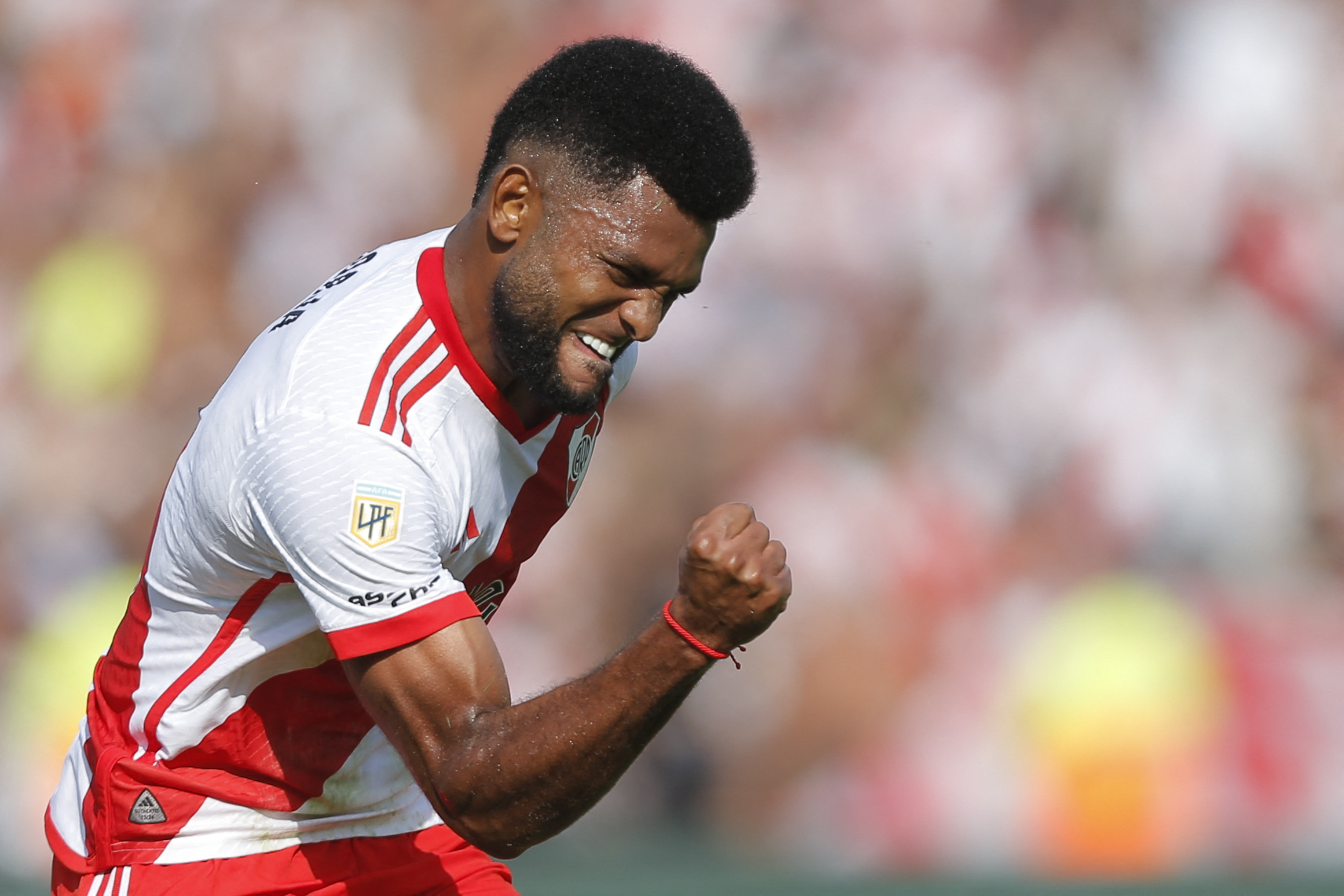 River Plate's Colombian forward Miguel Borja celebrates after scoring a goal during the Argentine Professional Football League Cup quarter-final match between River Plate and Boca Juniors at the Mario Alberto Kempes Stadium in Cordoba, Argentina, on April 21, 2024. (Photo by Diego Lima / AFP) (Photo by DIEGO LIMA/AFP via Getty Images)