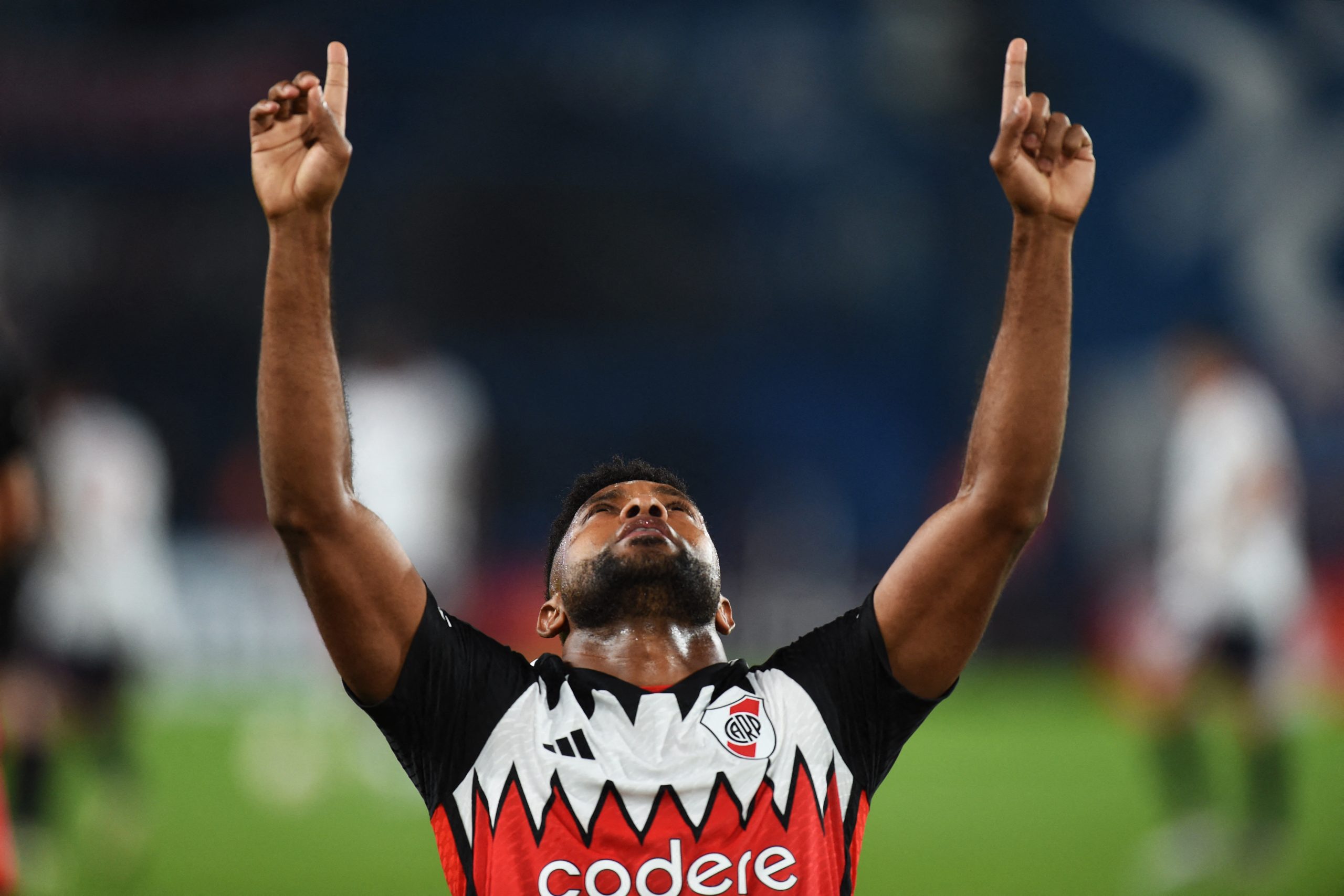 River Plate's Colombian forward Miguel Borja celebrates after scoring during the Copa Libertadores