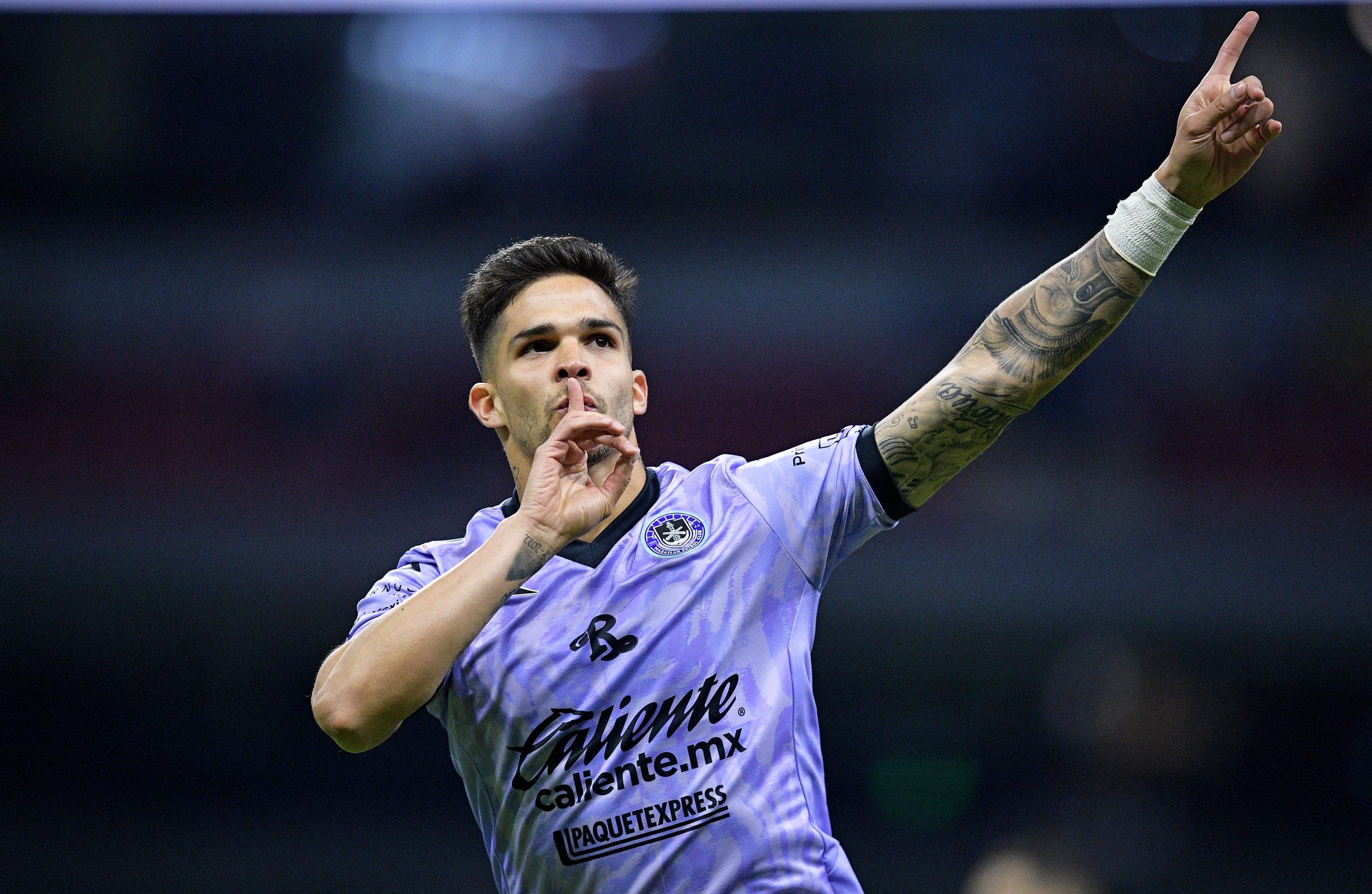 Mazatlan's Luis Amarilla celebrates scoring a goal against America during their 2024 Mexican Clausura tournament match at the Aztec Stadium in Mexico City on February 21, 2024. (Photo by CARL DE SOUZA / AFP) (Photo by CARL DE SOUZA/AFP via Getty Images)